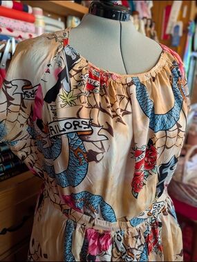 Handmade 1940's Silk Peasant Dress American Traditional Tattoo Print